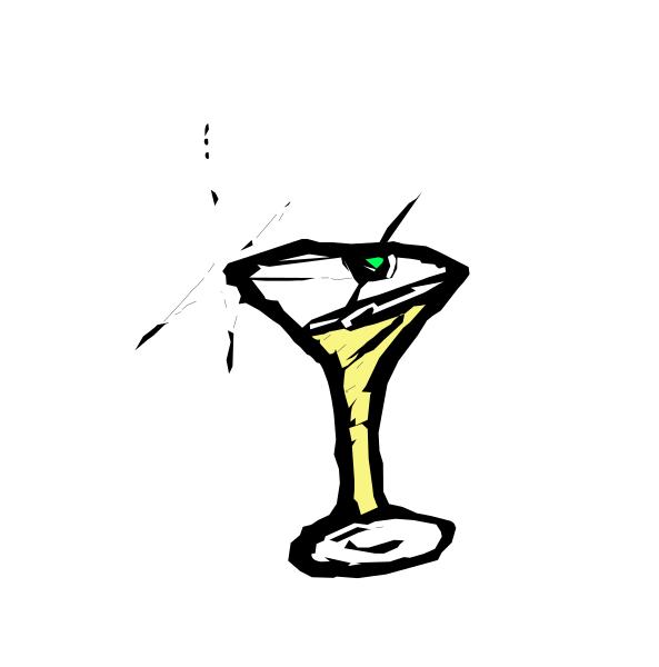 The image shows a martini glass with an olive on top placed next to another similar drink that is missing its olives in two different orientations against contrasting backgrounds: one black and white, suggesting nighttime; and the other colorful, possibly indicating daylight or celebration.