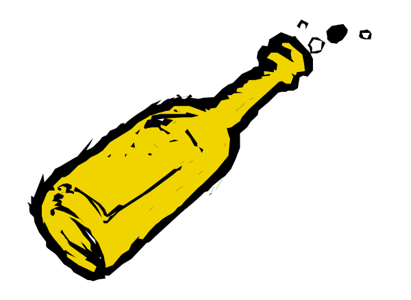 The image shows a cartoon bottle of beer with an exaggeratedly large cork flying out from it against a white background.