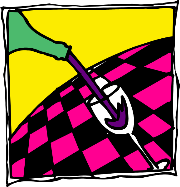 The image shows a cartoon of two wine glasses with purple liquid inside them on top of checkered tablecloths against different backgrounds: one is pink-purple while the other has yellow walls.
