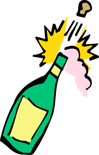 The image shows a cartoon of an exploding bottle with confetti flying out from it next to what appears to be a champagne glass filled with pink liquid on top right corner against black background.