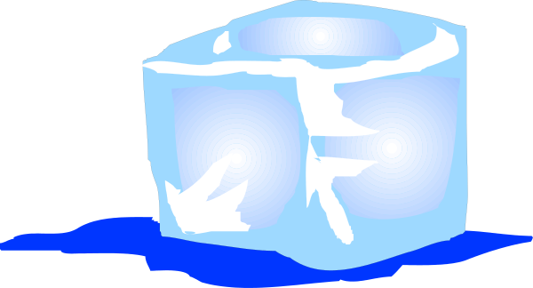The image shows a blue ice cube with two white lines on it floating above water that is colored black at its bottom edge in what appears to be an icy environment. There's no text present within this small clip-art illustration, and there aren't any other objects or people visible besides the main focus of the image which are the ice cube with two white lines on it floating above water that is colored black at its bottom edge in what appears to be an icy environment. The art style seems simple yet colorful, using a limited palette and basic shapes for representation