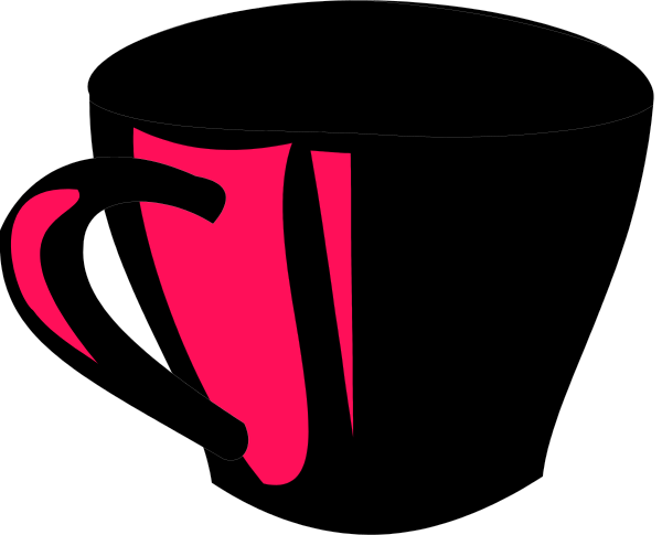 The image shows a black coffee cup with two handles on either side of it against a white background.