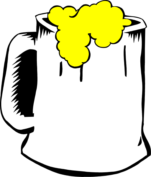 The black and white illustration shows a mug of beer with foam overflowing from it on top of what appears to be an alembic in front of a dark background.