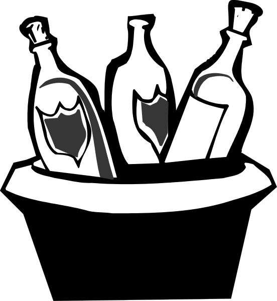 The black and white illustration shows a collection of bottles with wine glasses on top placed inside an open book that is sitting in front of three closed books.
