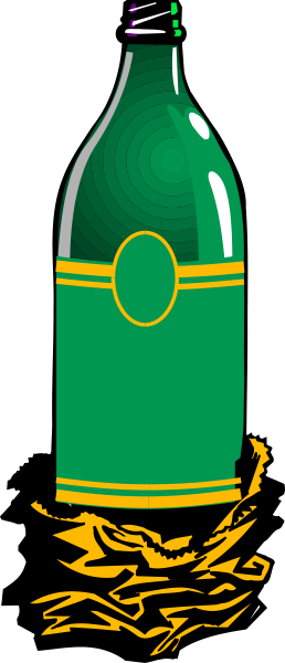 The image shows a green bottle with yellow label on it sitting next to some brown leaves that appear slightly burnt at their edges.