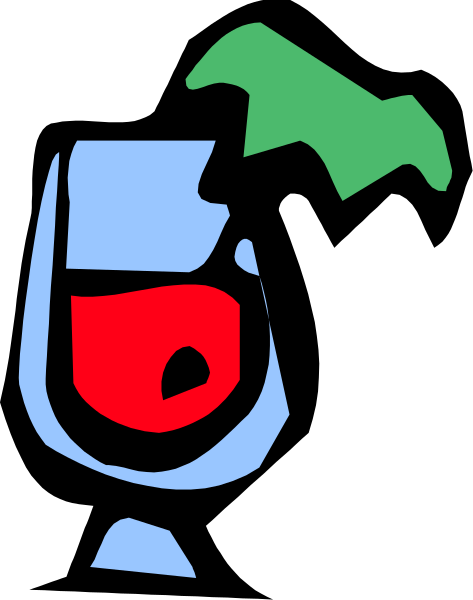 The image shows a wine glass with red liquid inside it next to an apple slice on top of its stem.