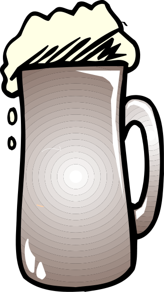 The image shows a cartoon of an ale mug with foam on top against a dark background; it is stylized in black-and-white line drawing form.