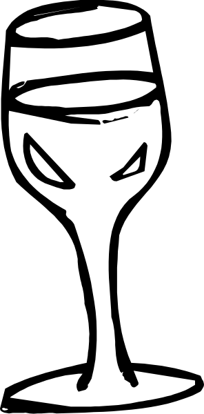 The black and white illustration shows a wine glass with liquid inside it on top of what appears to be a table surface in front of an abstract background that resembles a wallpaper pattern.