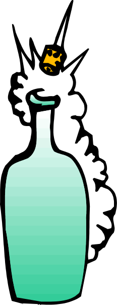 The image shows a green bottle with white spots on it placed next to an open umbrella that is spewing water droplets into the air against a black background.