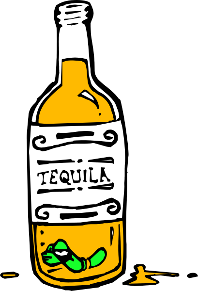 The illustration shows a bottle of tequila with an alligator inside it on top of what appears to be a bar countertop against a black background.