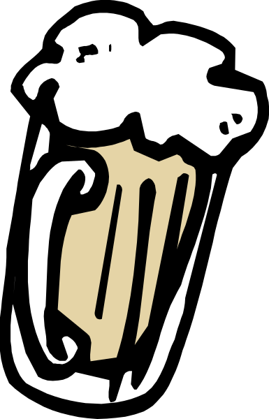 The image shows a cartoon of an ice cold beer mug with foam on top against a dark background.