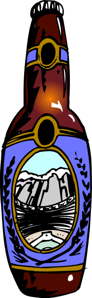 The image shows a bottle with an illustration of mountains on it placed against a gray background.