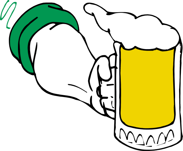 The image shows a cartoon hand holding up an animated beer mug with foamy liquid inside it against a black background.