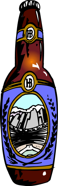 The image shows a bottle of beer with an illustration on it depicting mountains under a blue sky at sunset.
