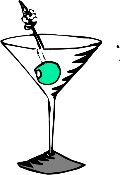 The black and white illustration shows a martini glass with an olive on top placed against a dark background; there is no text present in this image.