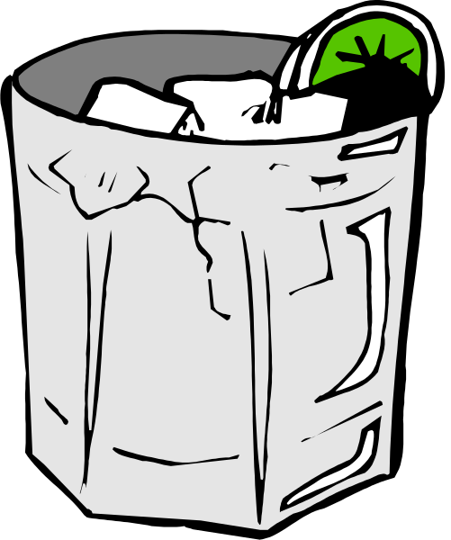 The black trash can contains a green lime wedge on top of ice cubes with an illustration of it being used as a makeshift hat by someone who is depicted in white silhouette form, standing next to another similar garbage bin that also has some items inside and appears cracked open.