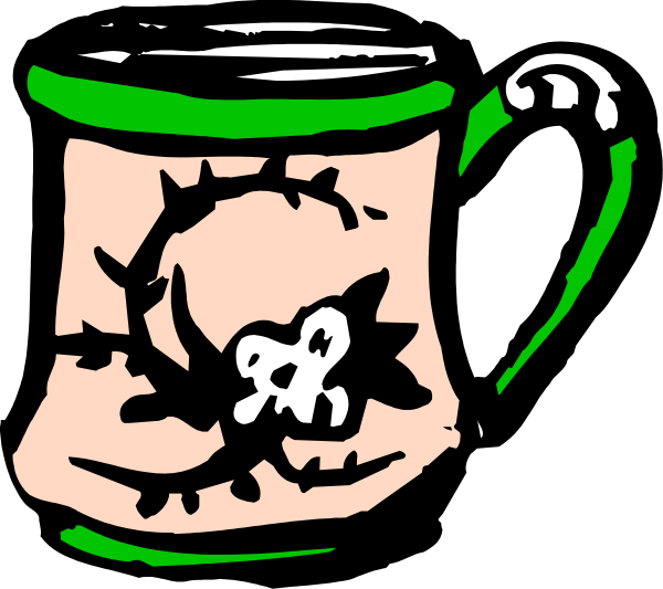 The black and white illustration shows a coffee cup with two handles on either side of it next to an open book that has been damaged by fire; there is no text present in this image.