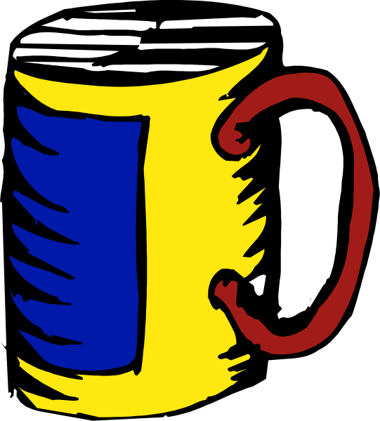 The image shows a cartoon of an open book with pages visible inside it, placed next to a mug that has two handles on either side.