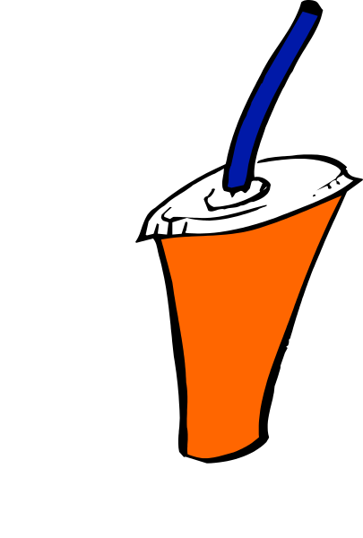The image shows a black background with an orange cup on it that has blue stripes around its rim.