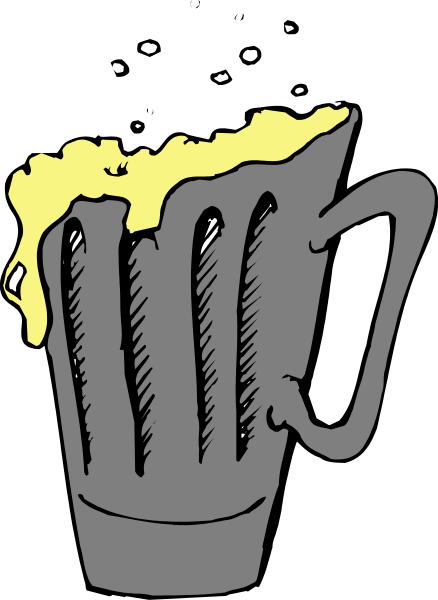 The black and white illustration shows a mug with beer foam overflowing from it on top of what appears to be an ice cream cone-shaped object that has been turned into a cup holder for another drink, possibly coffee given its shape; there is also some kind of yellow substance spilling out onto the table.