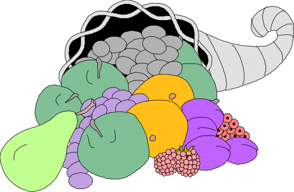 The image shows a colorful assortment of fruits including bananas, apples, grapes, berries, pineapple chunks, kiwi slices, an orange slice with seeds visible on top, all piled together in what appears to be a cartoon-style illustration against a black background.