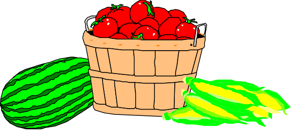 The image shows a cartoon depiction of two watermelons with slices missing from them on top left corner; in center is an overflowing basket filled to brim with red tomatoes; bottom right has green and yellow cucumbers, resembling melon halves or possibly pickles.