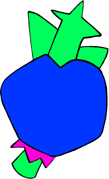 The image shows a blue apple with green leaves on it against a white background.