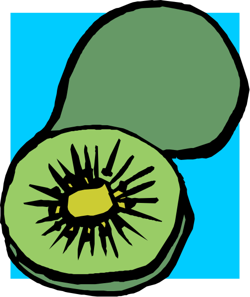The picture shows a kiwi fruit with seeds on top of it against a blue background.