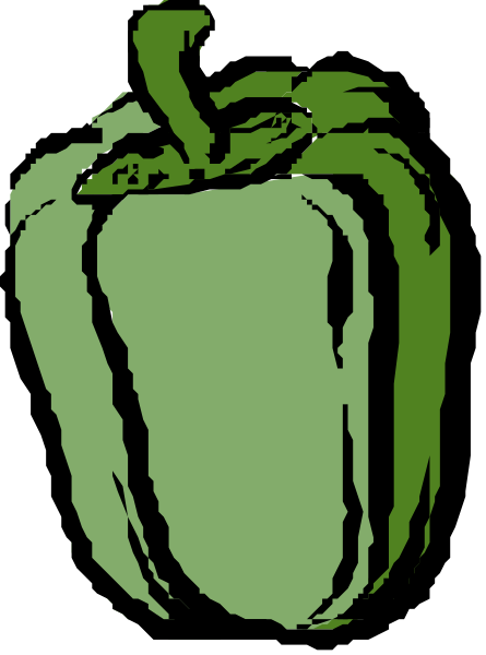 The image shows a green pepper with an apple stem on top of it against a black background.