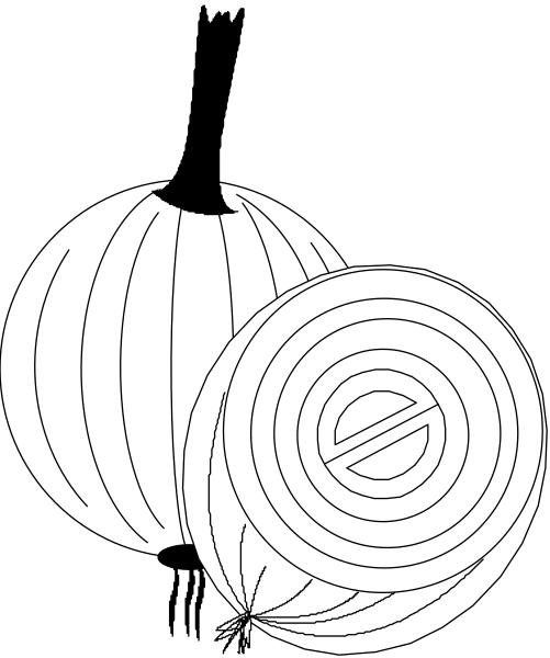 The black and white illustration shows three onions with a swirl pattern inside them placed against a dark background.
