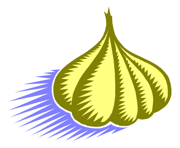 The image shows a garlic bulb with its cloves pointing upwards next to an onion that is split open revealing layers of concentric circles inside it against a plain background.