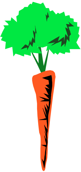 The image shows a carrot with two green leaves on top of it against a gray background.