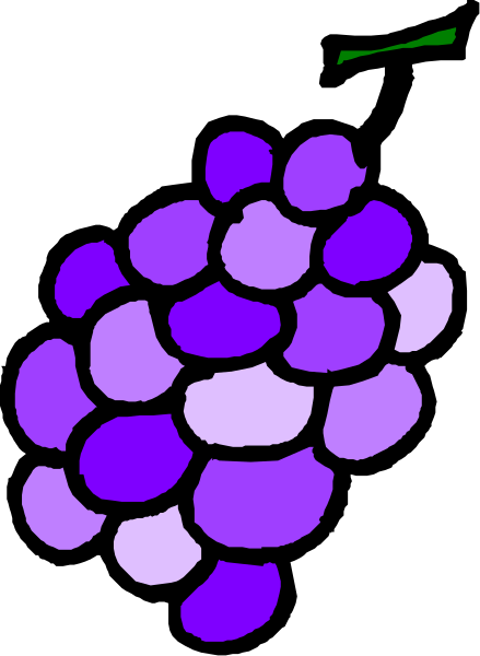 The image shows a purple grape cluster with green stems against a black background on an electronic device screen.
