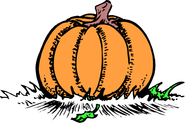 The image shows a cartoon pumpkin with carved eyes on it sitting next to two smaller whole ones at nighttime.
