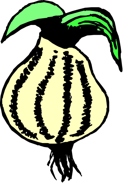 The image shows a black and white illustration of an onion with green leaves attached to it against a dark background.