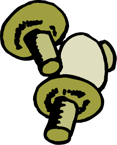 The image shows a cartoon mushroom with two stems growing out of it on top of what appears to be an eggplant-like vegetable in black and white.