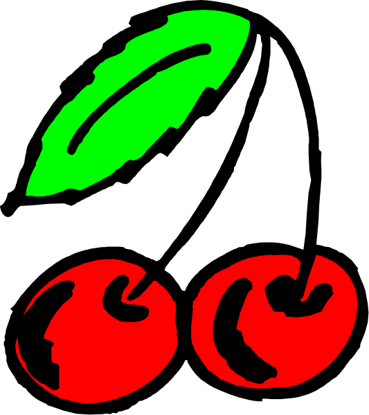 The image shows a black knife with red cherry halves on it against an apple background.