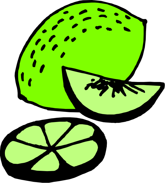 The image shows a slice of lime with seeds on top next to an illustration of half a kiwi fruit cut in two pieces; there is also one whole clover leaf at bottom right corner.