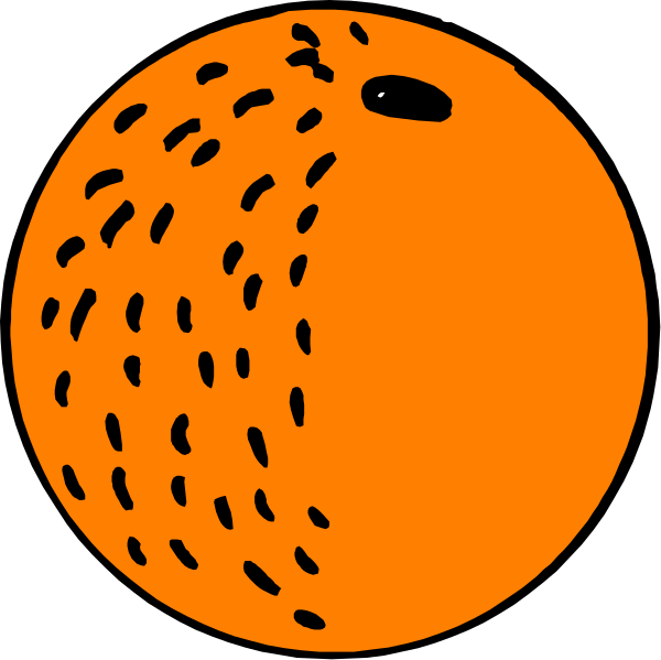 The image shows two orange circles with a white line connecting them to form an abstract representation of a tennis ball being hit by another object that is partially visible on one side only.