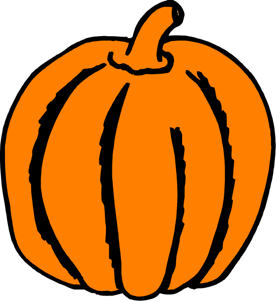The image shows a simple black outline of an orange pumpkin with stem on top against a white background.