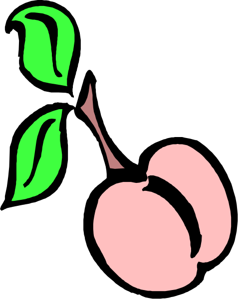 The image shows a black background with two peaches on either side of an apple leaf design at top center; there is also one green cherry blossom petal visible in front of the leaves.