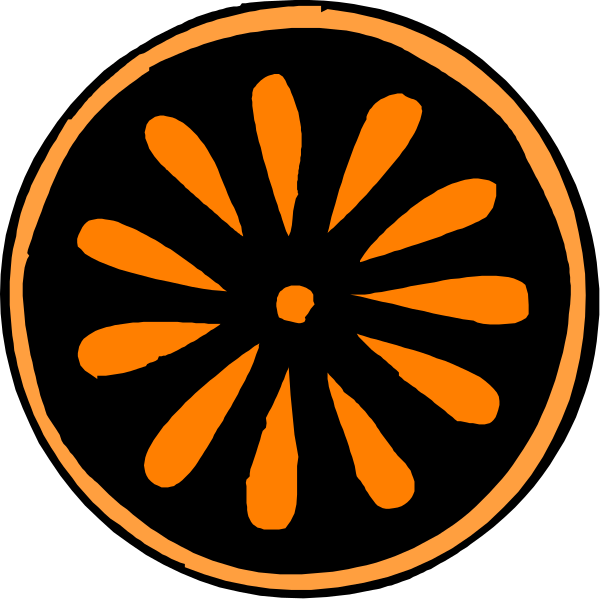The image shows a black background with two orange citrus fruit slices on top of each other at an angle to create a circular shape resembling wheels; there is no text present in this clip-art illustration.