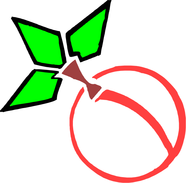 The image shows a red apple with an arrow pointing to it from above on its right side, suggesting that someone is aiming at this fruit using a bow-like object which appears in green color within the frame of the clipart.