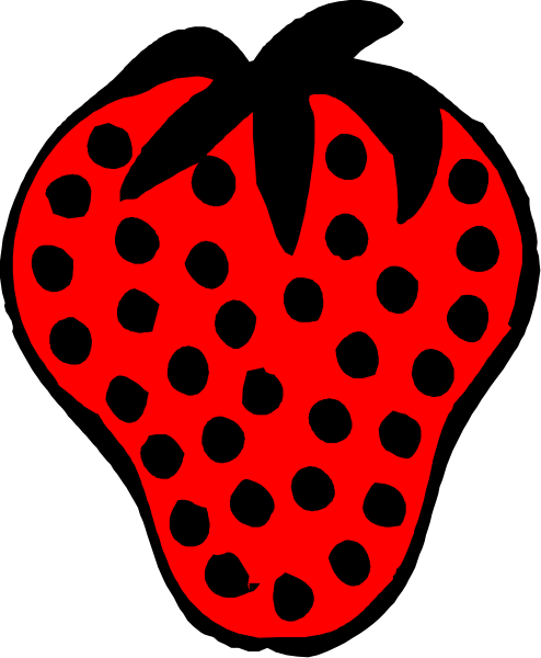 The image shows a red strawberry with white dots on it against a black background.