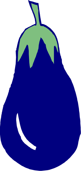 The image shows a blue eggplant with green leaves on top of it against a gray background.
