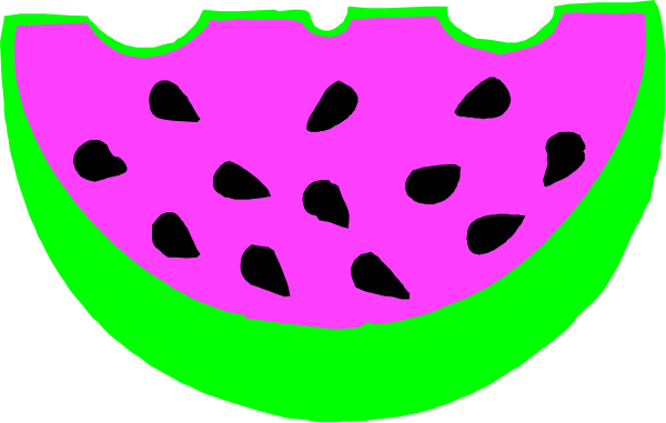 The image shows a watermelon slice with seeds on top of it against a purple background.