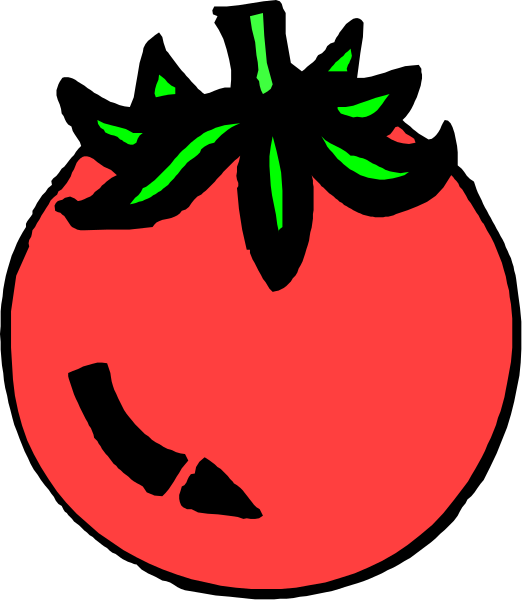 The image shows a cartoon tomato with green leaves on top of it against a red background.