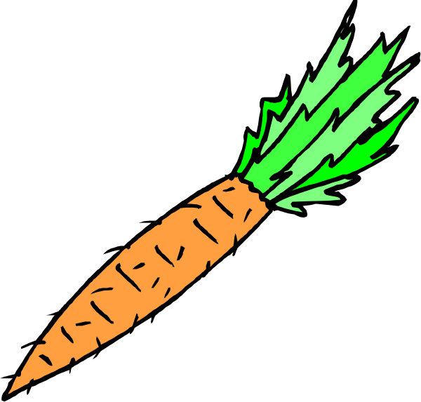 The black and white illustration shows a carrot with its green top pointing upwards on the left side of an image.