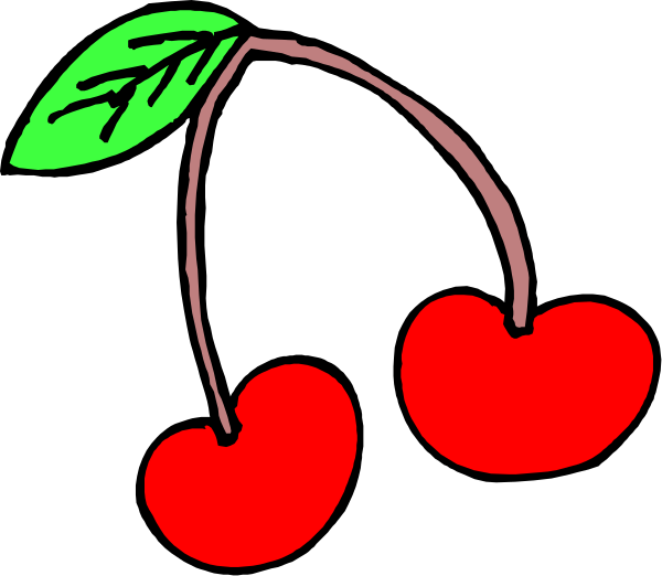 The image shows a cartoon cherry with green leaves attached to it on top of what appears to be black background.
