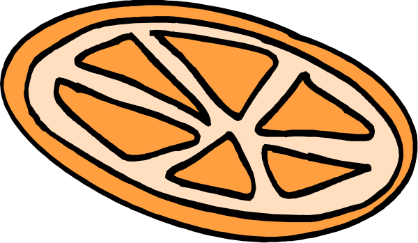 The image shows a slice of orange with an illustration resembling a wheel on it placed next to another similar slice that has been cut in half diagonally across its center.